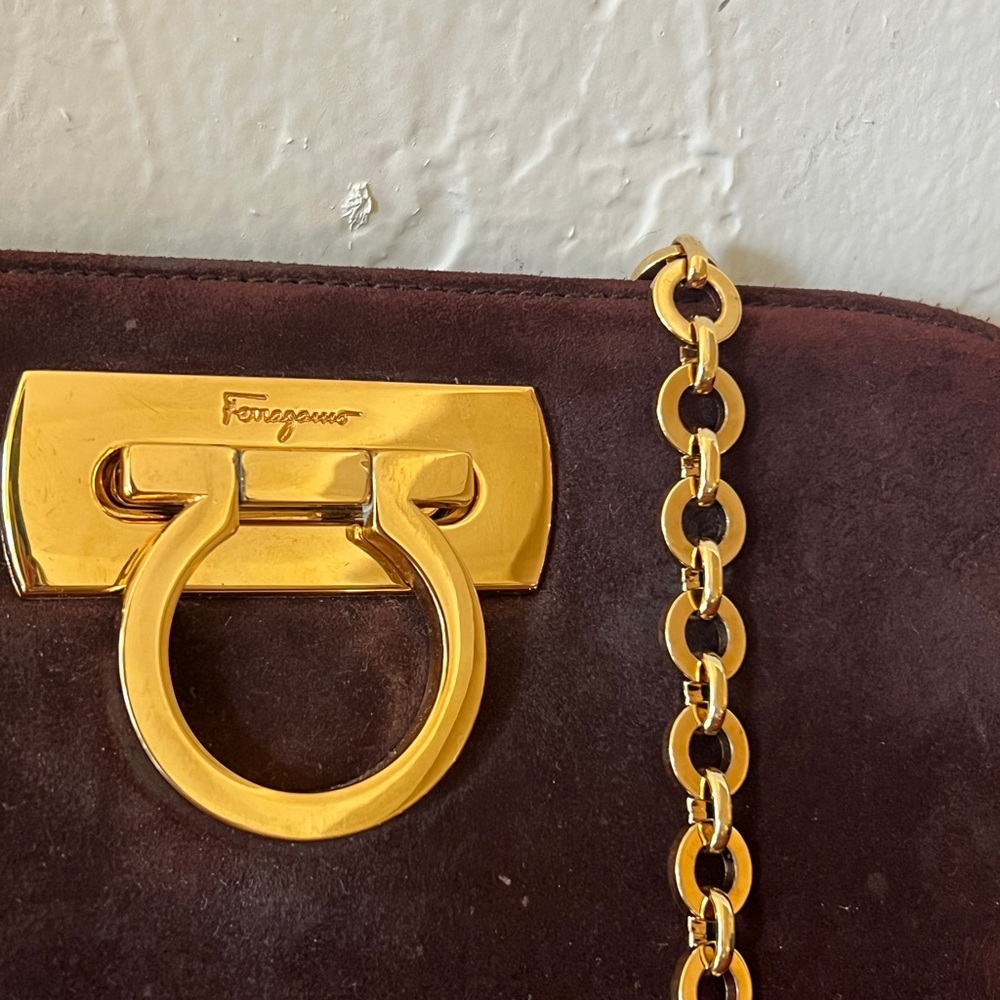 SALVATORE FERRAGAMO Brown Suede Purse with Gold Chain